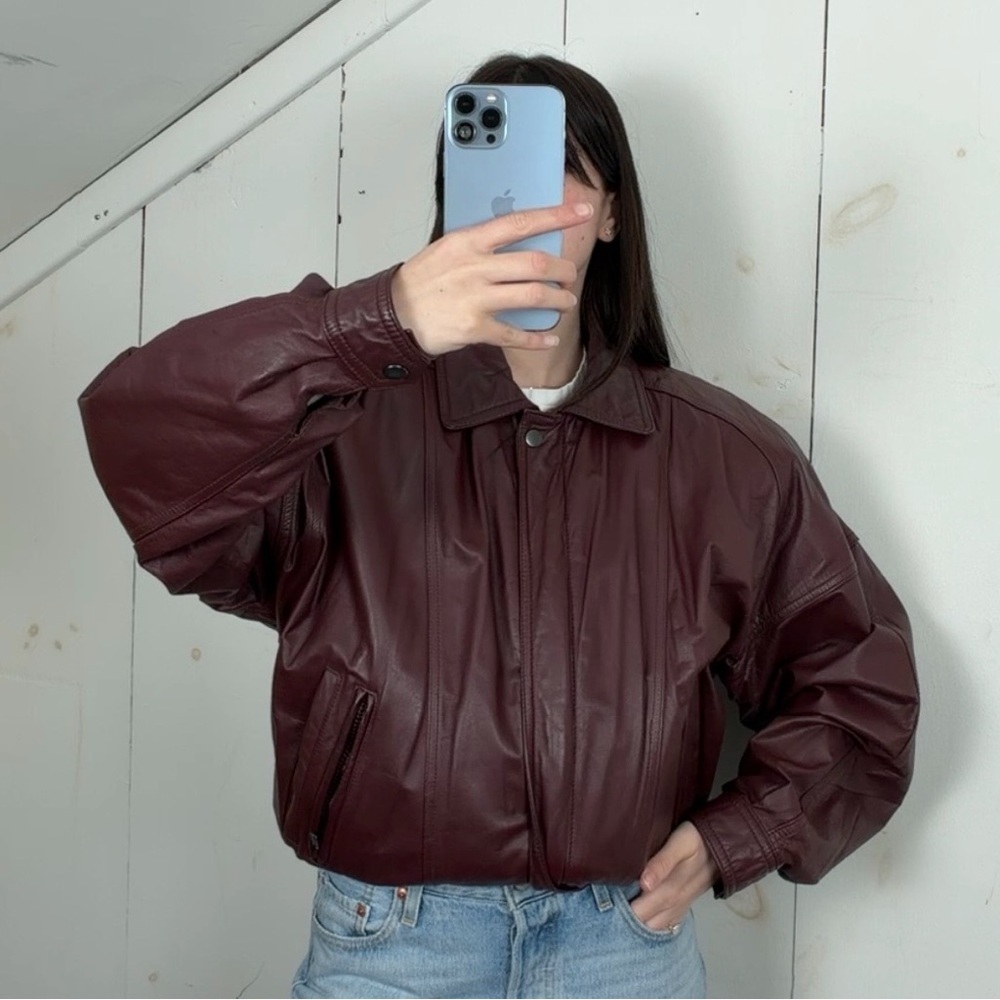 Vintage Byrnes & Baker Burgundy Maroon Genuine Leather Bomber Jacket Mens Medium - Picture 2 of 10